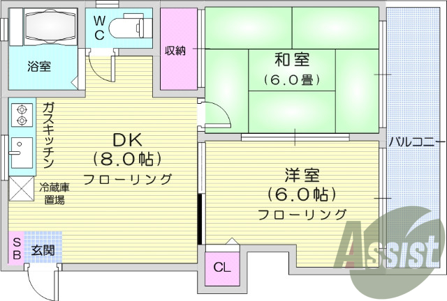 2DK、南向き、角部屋、バストイレ別、独立洗面所