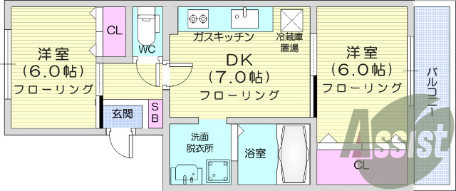 ２DK、バルコニー、洗濯機置き場室内、収納