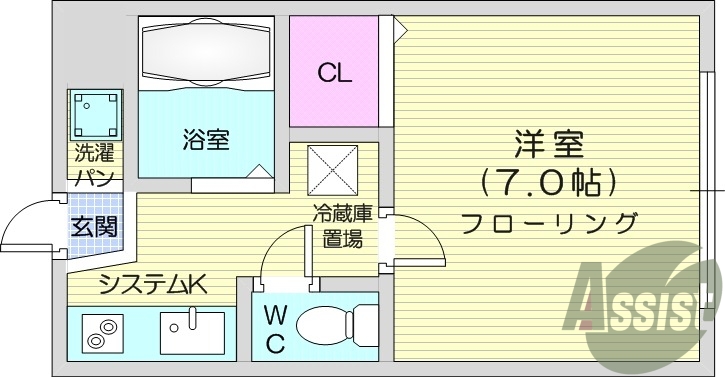 1K、エアコン、TV付モニターイヤホン、室内洗濯機置き場