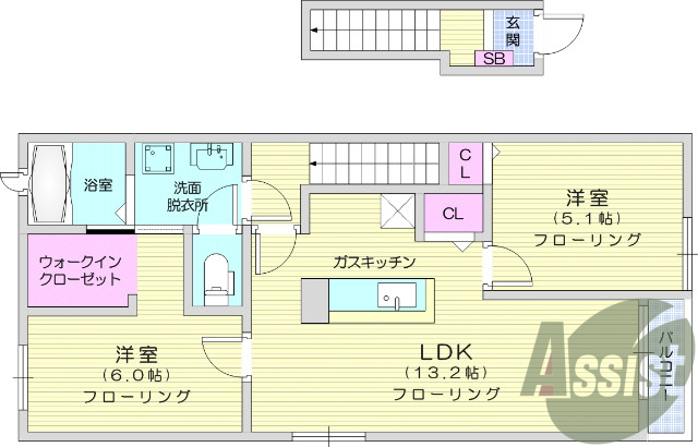 2LDK、角部屋、浴室乾燥機、追い焚き、二人入居可