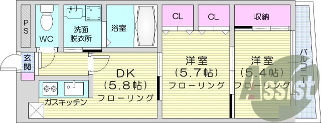 2DK、オートロック、宅配BOX、エレベーター、バストイレ別