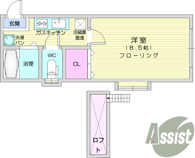 ロフト付き、2階角部屋、バス・トイレ別、エアコン