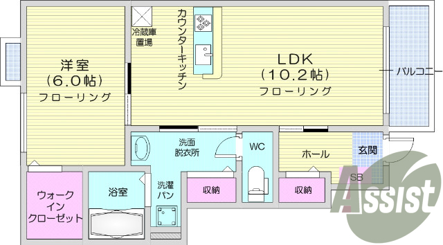 1ＬＤＫ、モニター付きインターホン、バス・トイレ別。
