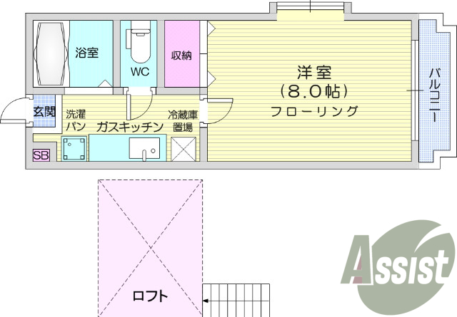 １K、ロフト、バルコニー、バス・トイレ別、シューズボックス