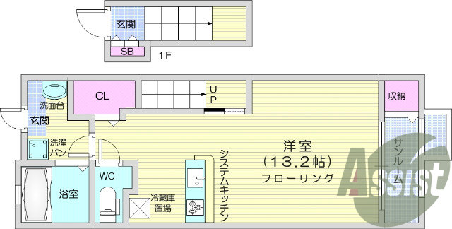 1K、モニター付きインターホン、バス・トイレ別。