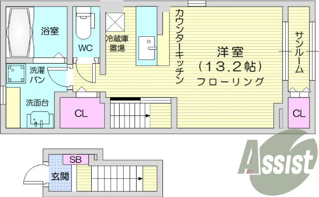 1Ｋ、モニター付きインターフォン、バストイレ別。