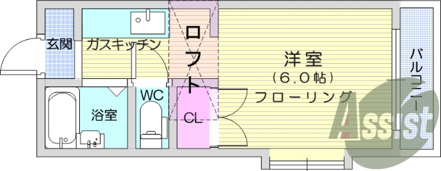 １R、ロフト、バストイレ別、ベルコニー、