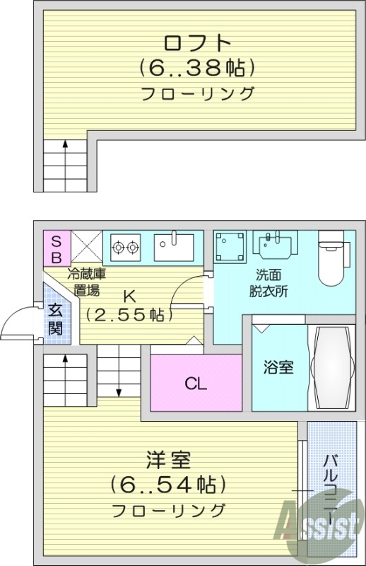 1K、システムキッチン、ロフト付き、独立洗面化粧台、エアコン