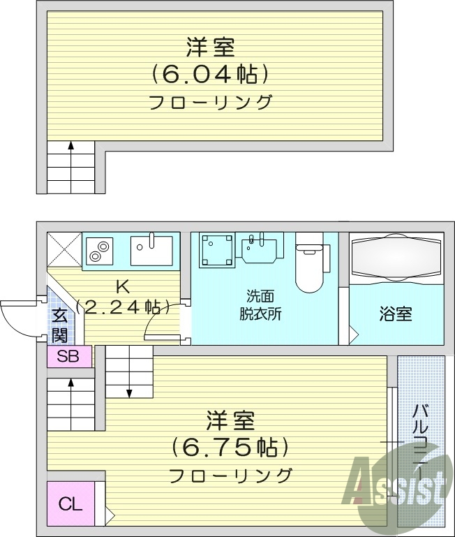 1K、システムキッチン、ロフト付き、独立洗面化粧台、エアコン