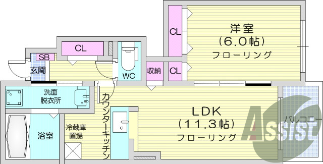 1LDK、モニター付きインターホン、バストイレ別。