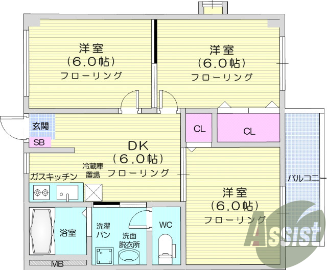 3*Ｋ、バストイレ別、独立洗面台、追い焚き。