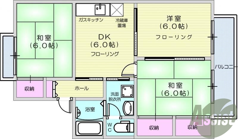 3DK、クローゼット、バルコニー、追い焚き、給湯