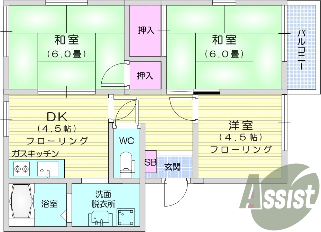 3DK、エアコン、室内洗濯機置き場、トイレ浴室別、収納