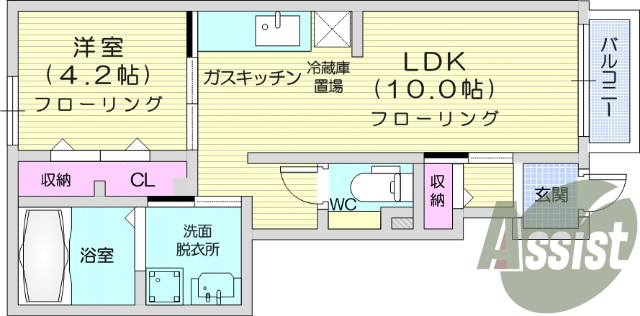 1LDK。モニター付きインターホン、バストイレ別。
