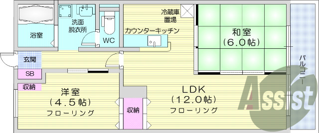 2ＬＤＫ、都市ガス、対面式キッチン、独立洗面台