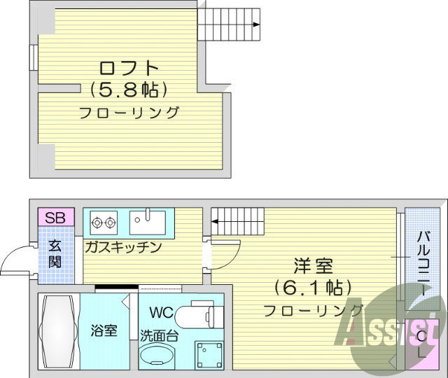 1K+ロフト、システムキッチン、シャンプードレッサー