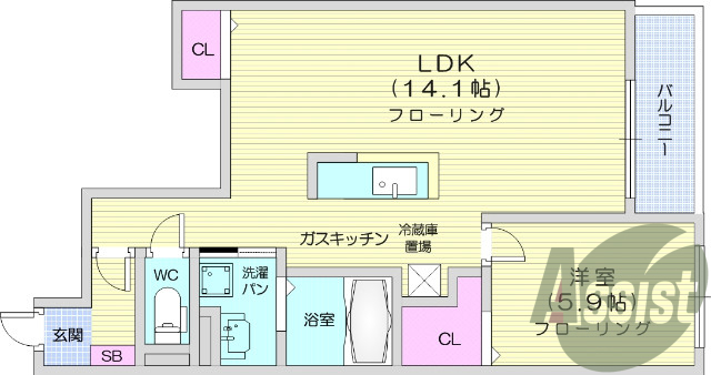 １LDK、アイランドキッチン、追い焚き機能付、エアコン、収納