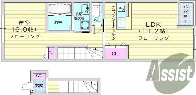 1LDK、カウンターキッチン、独立洗面化粧台、エアコン