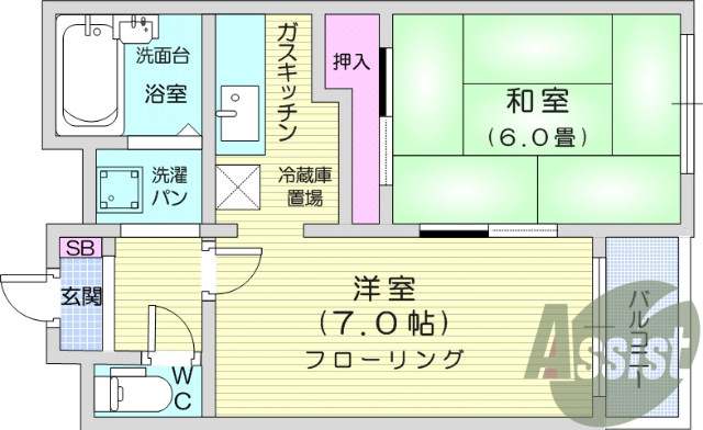 2K、和室、ガスキッチン、室内洗濯機置き場、バストイレ別