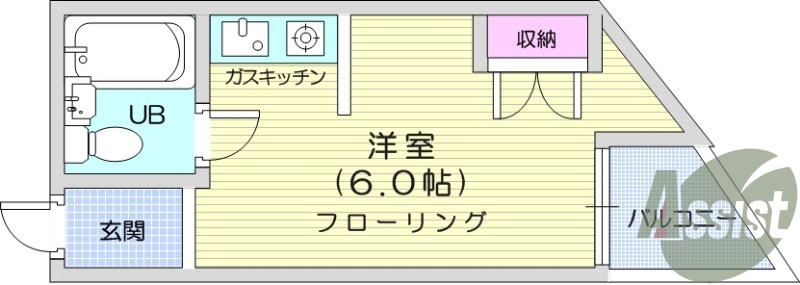 １R　南向き開口部、ユニットバスタイプ、収納有り。