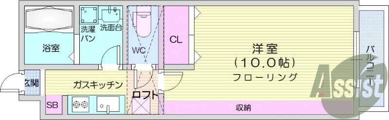 1Ｋ、ロフト付、角部屋、バストイレ別、システムキッチン