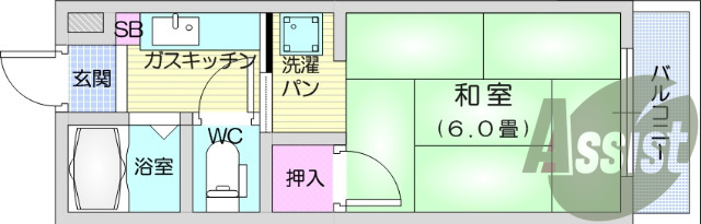 1K、バストイレ別、バルコニー、シューズボックス、押入