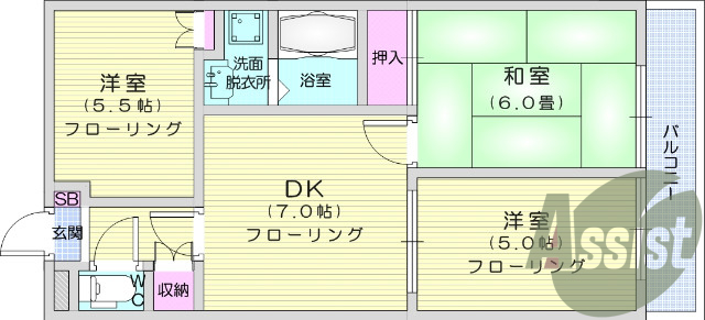 3DK、和室、バルコニー、バストイレ別、シューズボックス