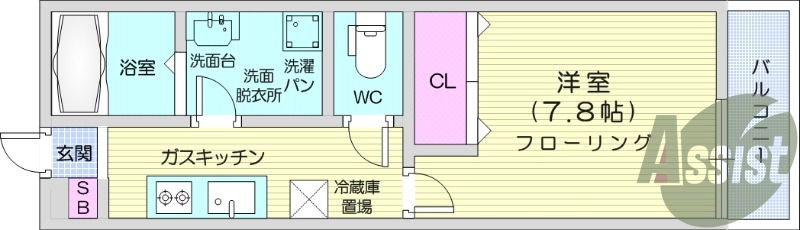 1K、エアコン、バストイレ別、インターネット無料、室内物干し