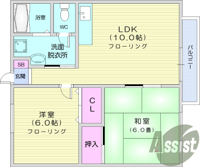 2LDK、エアコン、バストイレ別、洋室、洗面台