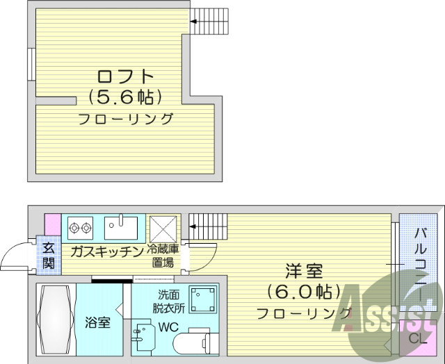 1K、エアコン、バストイレ別、ロフト、オートロック