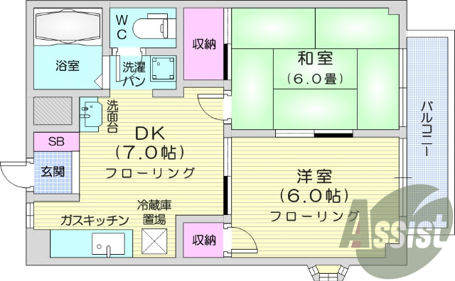 2ＤＫ、バストイレ別、バルコニー、エアコン