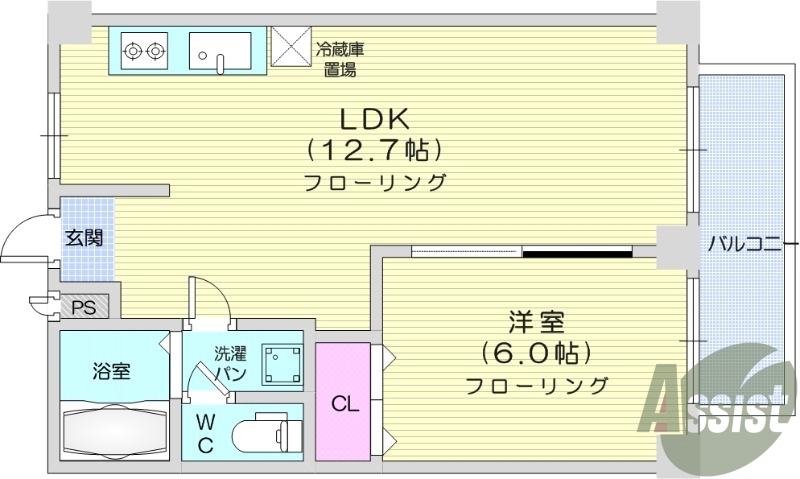 1LDK、B・T別、ウォシュレット付きトイレ有り。