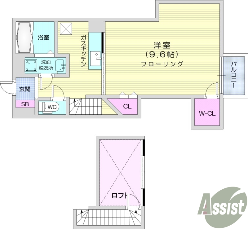 １Ｋ・固定階段式ロフト・エアコン・独立洗面台