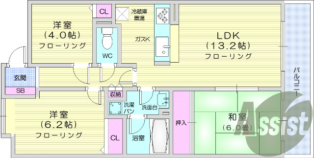 3LDK、モニター付きインターホン、バストイレ別。