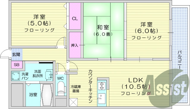 3LDK、追い焚き機能、独立洗面台、都市ガス