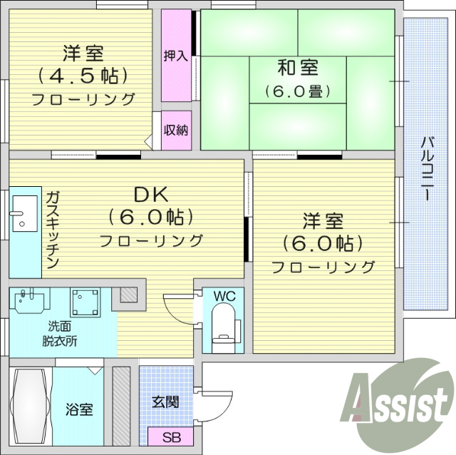 3DK、追い焚き機能、独立洗面台、バルコニー