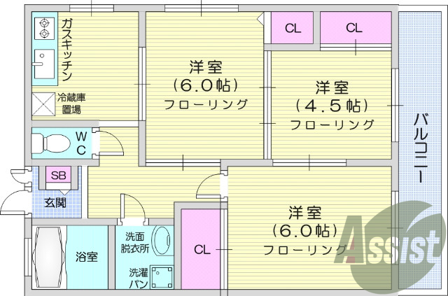 ３K、都市ガス、エアコン、バストイレ別、シューズボックス