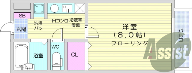 １K、東向き、バストイレ別、IHコンロ、光ファイバー対応