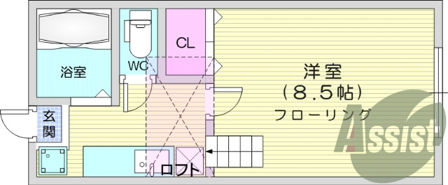 １K、南向き、ロフト、バストイレ別、照明器具。