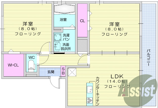 2LDK、フローリング、エアコン、バルコニー