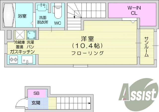 1K、システムキッチン、サンルーム、独立洗面台