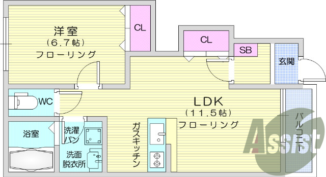 １LDK、フローリング、エアコン、バルコニー