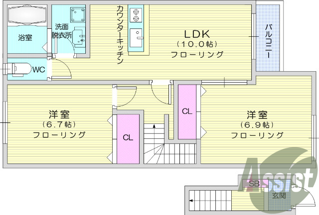 2LDK、フローリング、バルコニー、インターネット無料