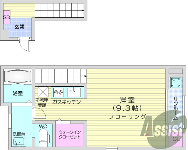 １K、西向き、バストイレ別、追い焚き機能