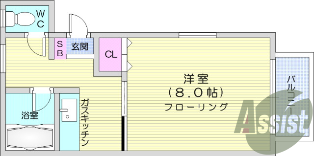 1K、バルコニー、バス・トイレ別、クローゼット