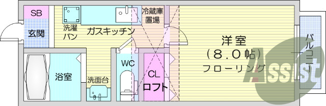 1K、ロフト、角部屋、独立洗面台、バストイレ別