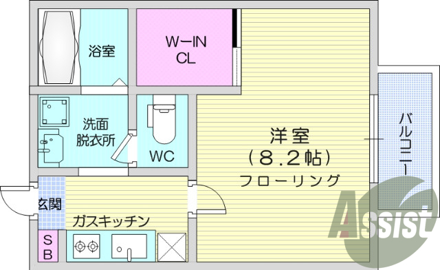 1K、ウォークインクローゼット、フローリング、バストイレ別