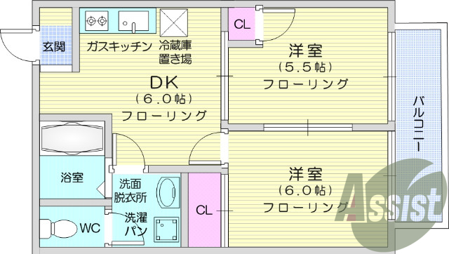 2DK、エアコン、独立洗面台、ウォシュレット