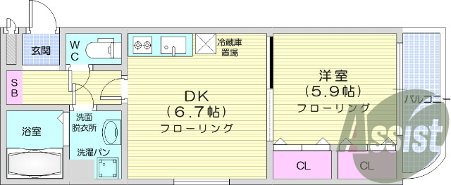 1DK、南向き、バストイレ別、ウォシュレット付き