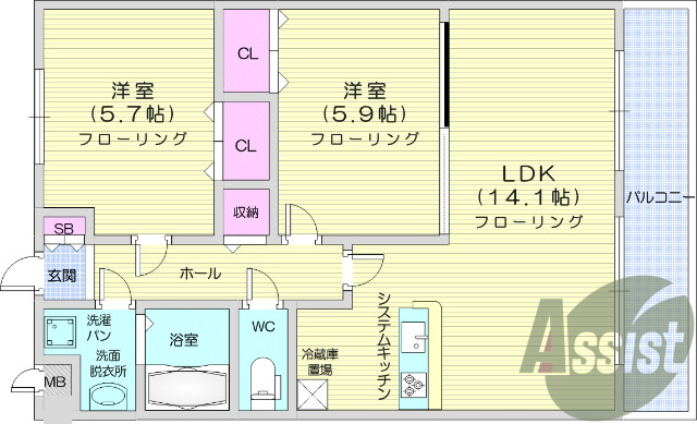 2LDK、モニター付きインターホン、エアコン